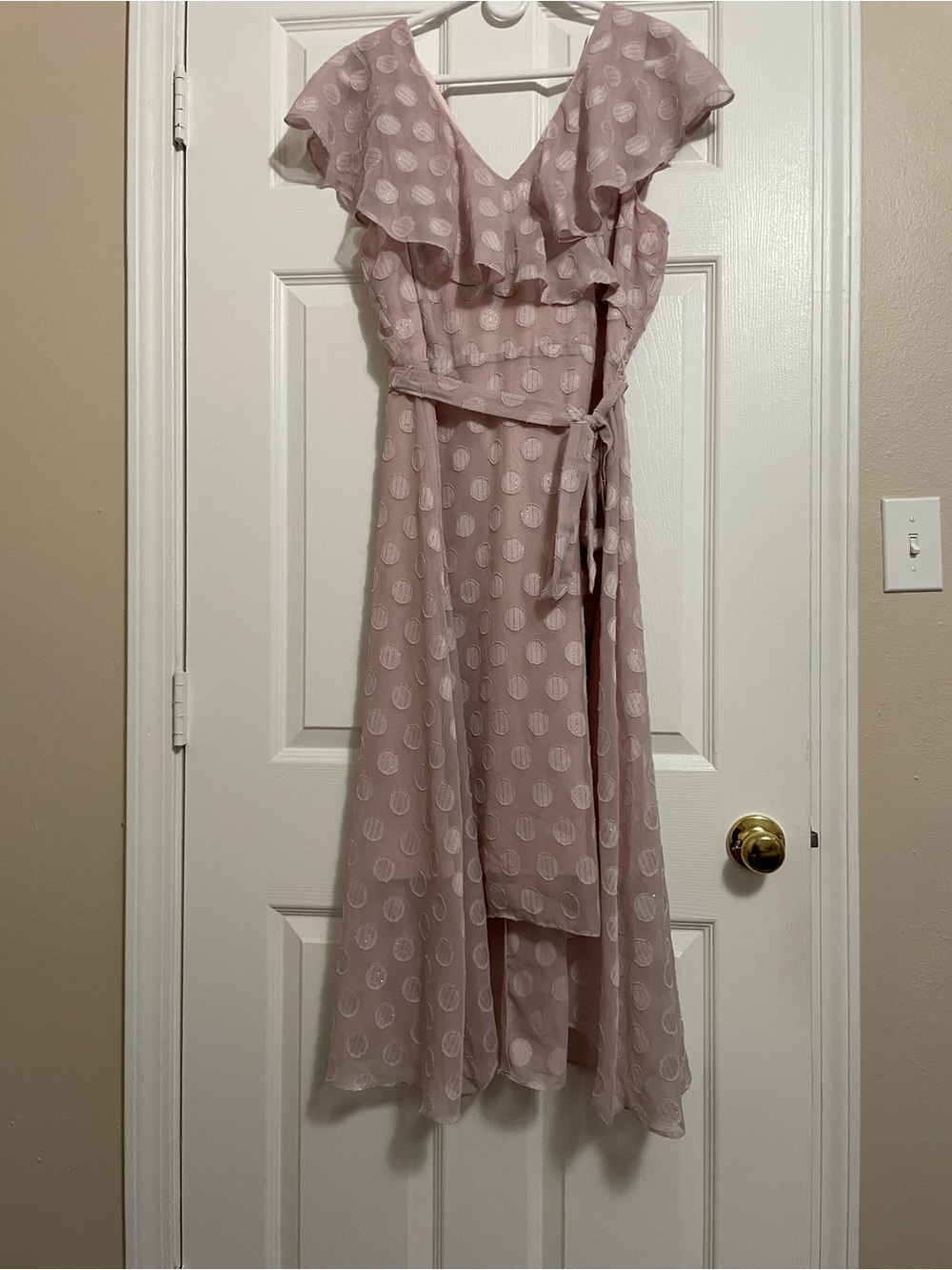 Julia Jordan Pink Clip Dot Ruffle Midi Faux Wrap Dress Size 14